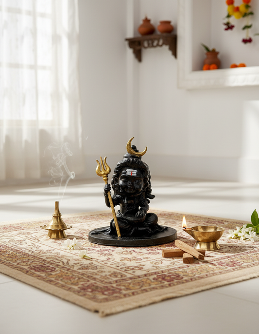 Baal Shiv Ji Idol with Trishul – 10 cm Black Hand-Painted Child Shiva Murti