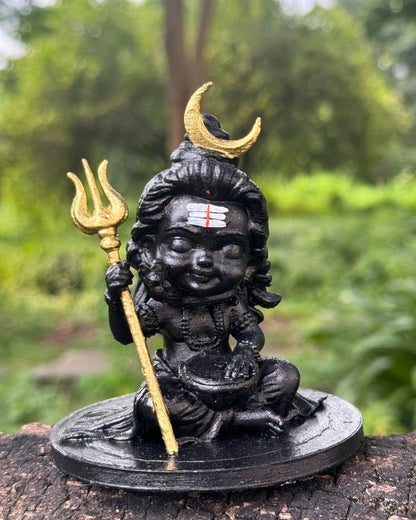 Baal Shiv Ji Idol with Trishul – 10 cm Black Hand-Painted Child Shiva Murti