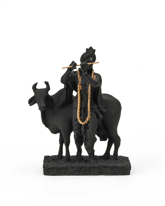 Krishna Idol with Cow – Black Govardhan Gopal Murti