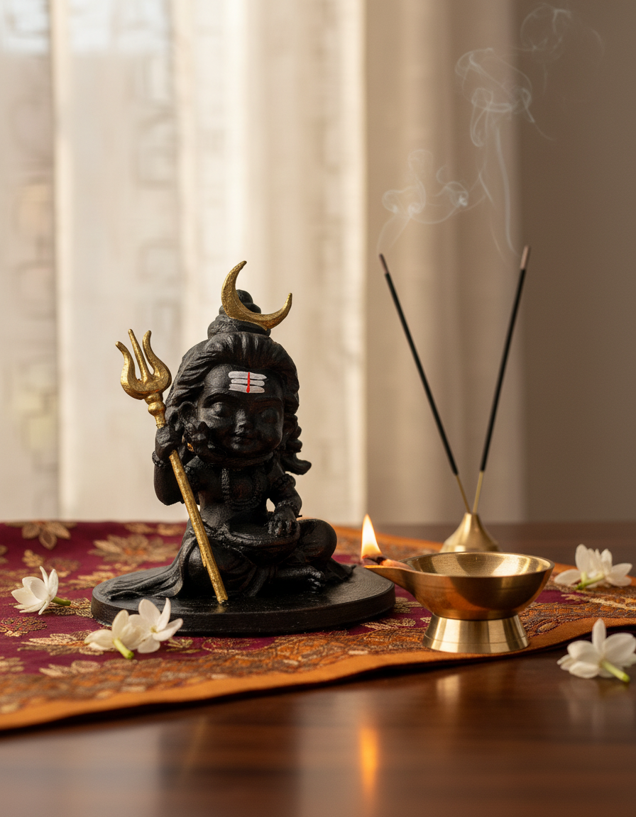 Baal Shiv Ji Idol with Trishul – 10 cm Black Hand-Painted Child Shiva Murti