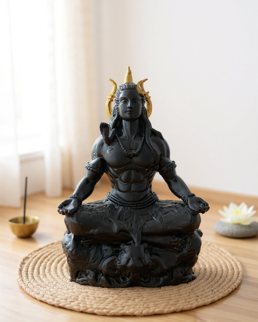Shiv Adiyogi Idol in Dhyan Pose with Trishul – 10 cm Black