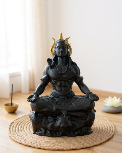 Shiv Adiyogi Idol in Dhyan Pose with Trishul – 10 cm Black