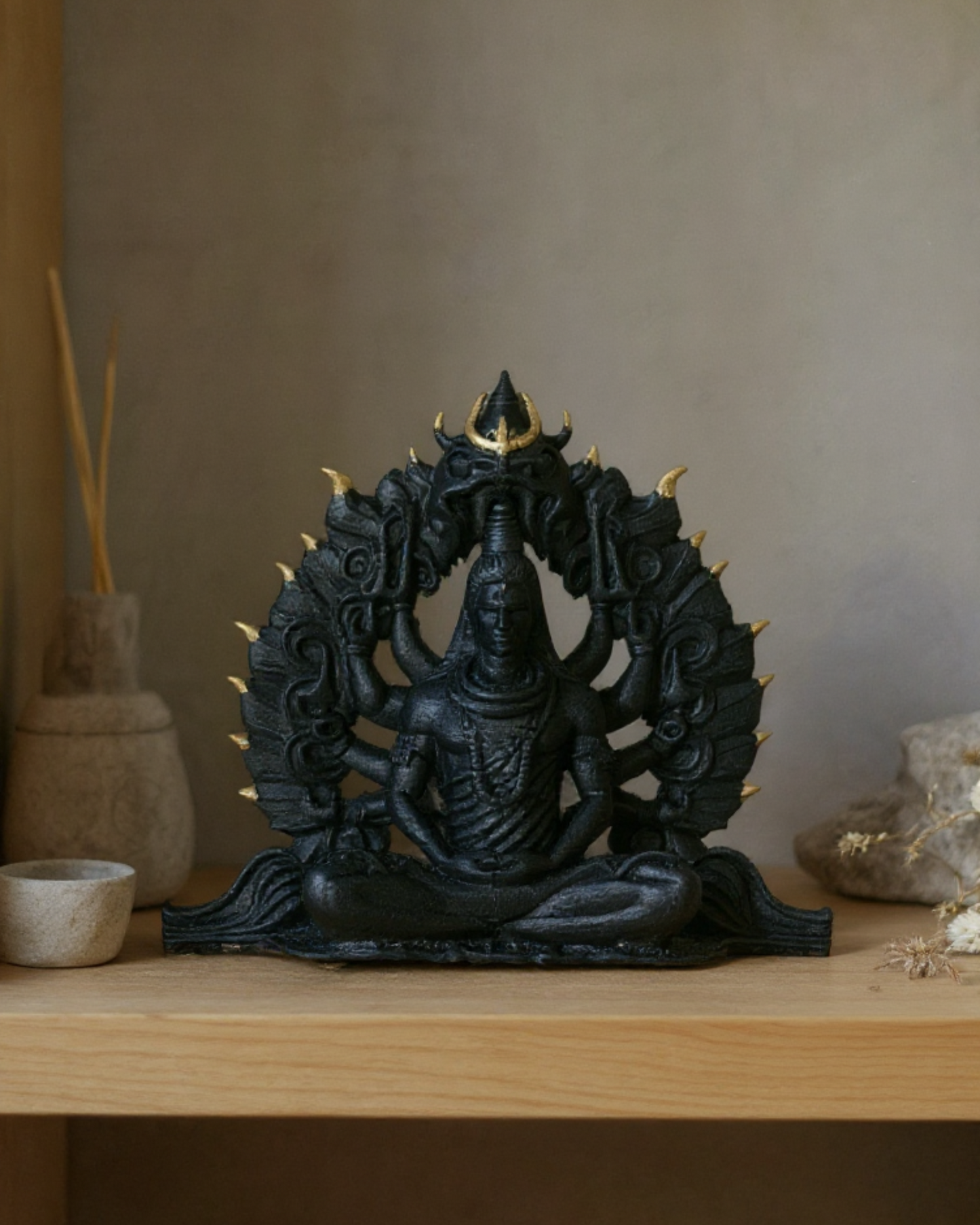 Shivji Idol with 10 Hands & Golden Flames, 14 cm