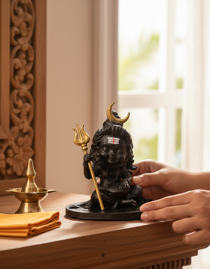 Baal Shiv Ji Idol with Trishul – 10 cm Black Hand-Painted Child Shiva Murti